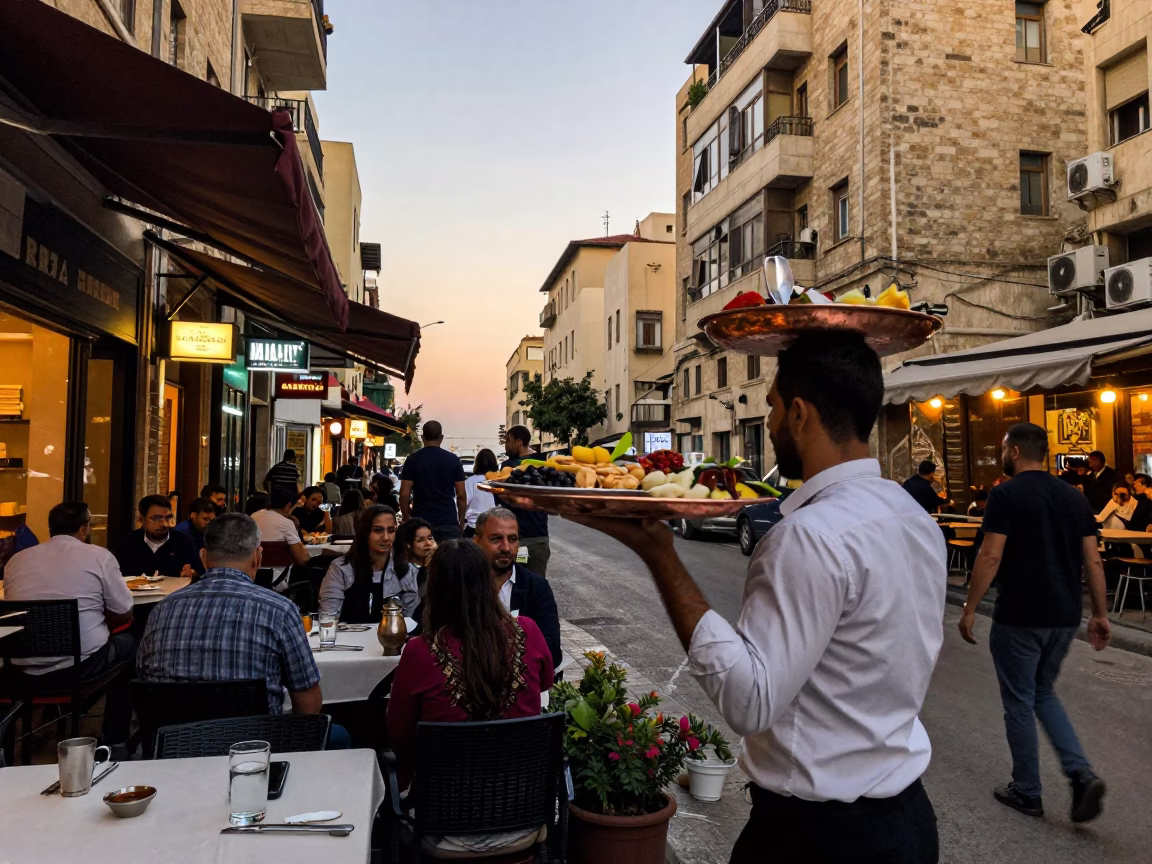 Busy Beirut Street Scene at Nautical Dawn with Mezze Spread and Local Life in in Beirut, Lebanon