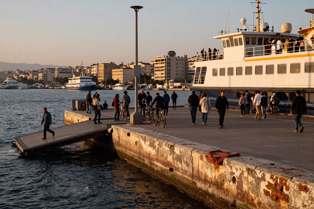 Busy Beirut street scene at sunset with ferry dock and local life in in Beirut, Lebanon