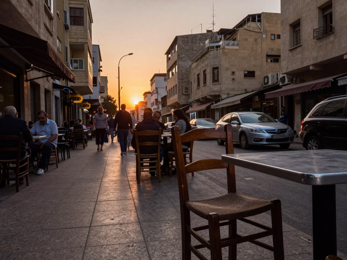 Busy Beirut Street Scene at Sunset with Ladder-Back Chair and Books in in Beirut, Lebanon