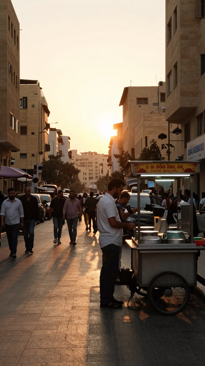 Busy Beirut street scene at sunset with locals and traditional architecture in in Beirut, Lebanon