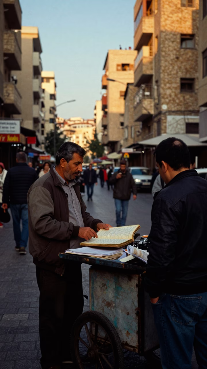 Busy Beirut Street Scene at Sunset with Old Ledger and Urban Activity in in Beirut, Lebanon