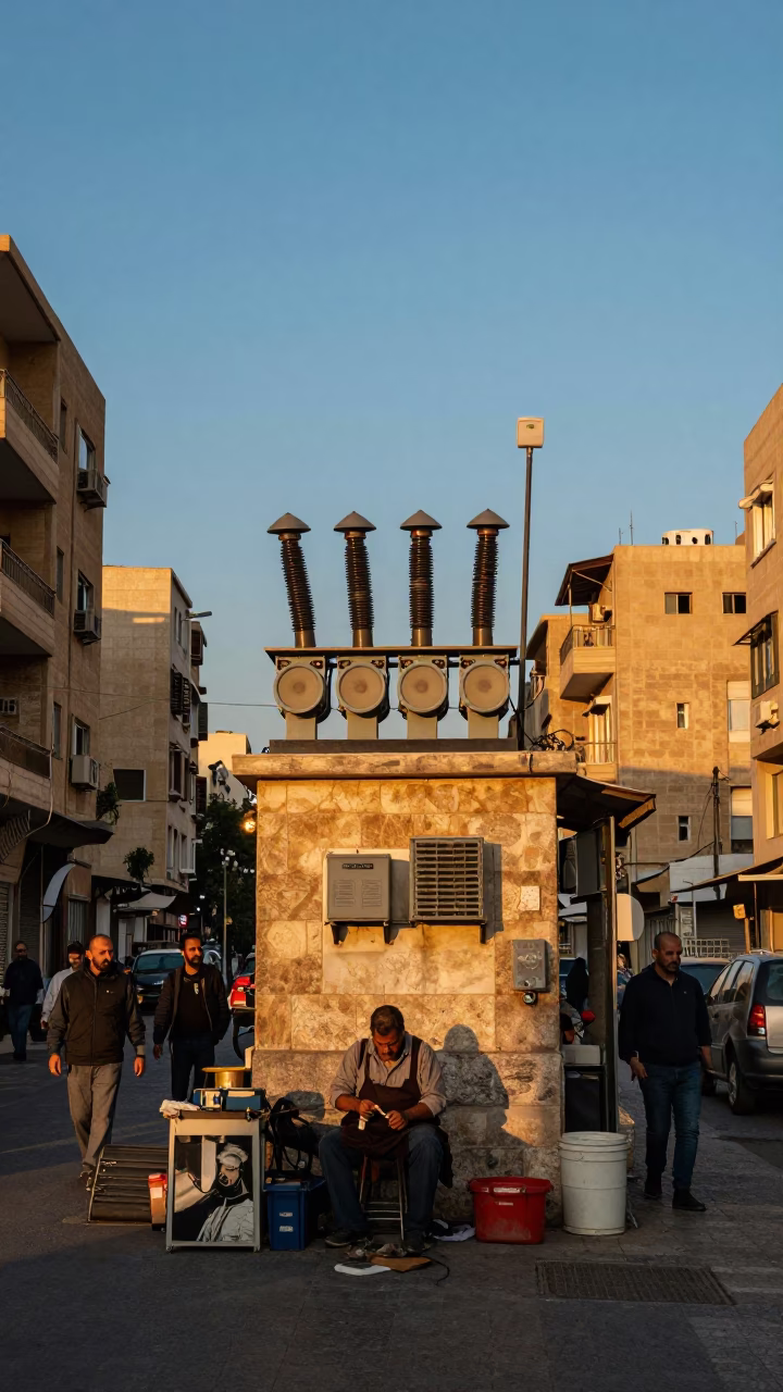 Busy Beirut Street Scene at Sunset with Substation Glow and Local Commerce in in Beirut, Lebanon
