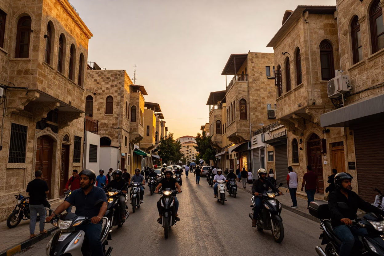 Busy Beirut Street Scene at Sunset with Traditional Architecture and Daily Life in in Beirut, Lebanon