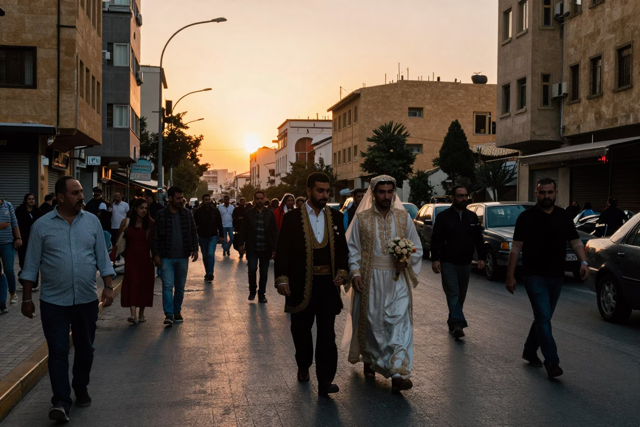 Busy Beirut Street Scene at Sunset with Traditional Wedding Procession and Vintage Cars in in Beirut, Lebanon