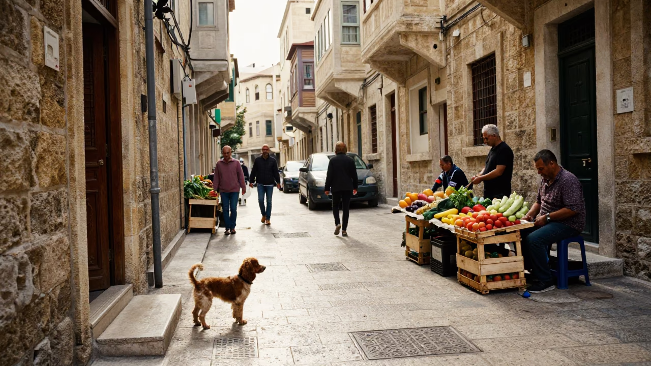 Busy Beirut Street Scene Early Afternoon with Cocker Spaniel and Local Shop Details in in Beirut, Lebanon