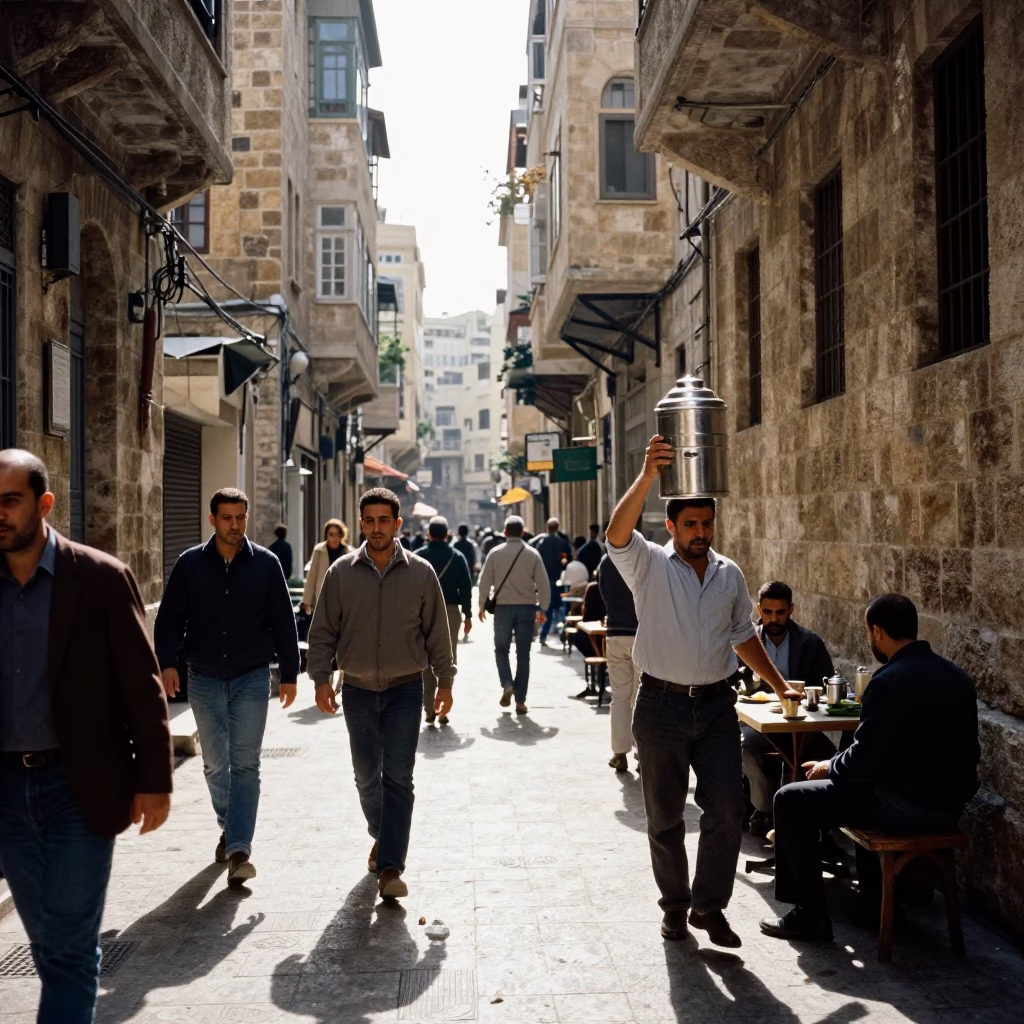 Busy Beirut Street Scene Early Afternoon with Tea Tin and Fig Tree in in Beirut, Lebanon