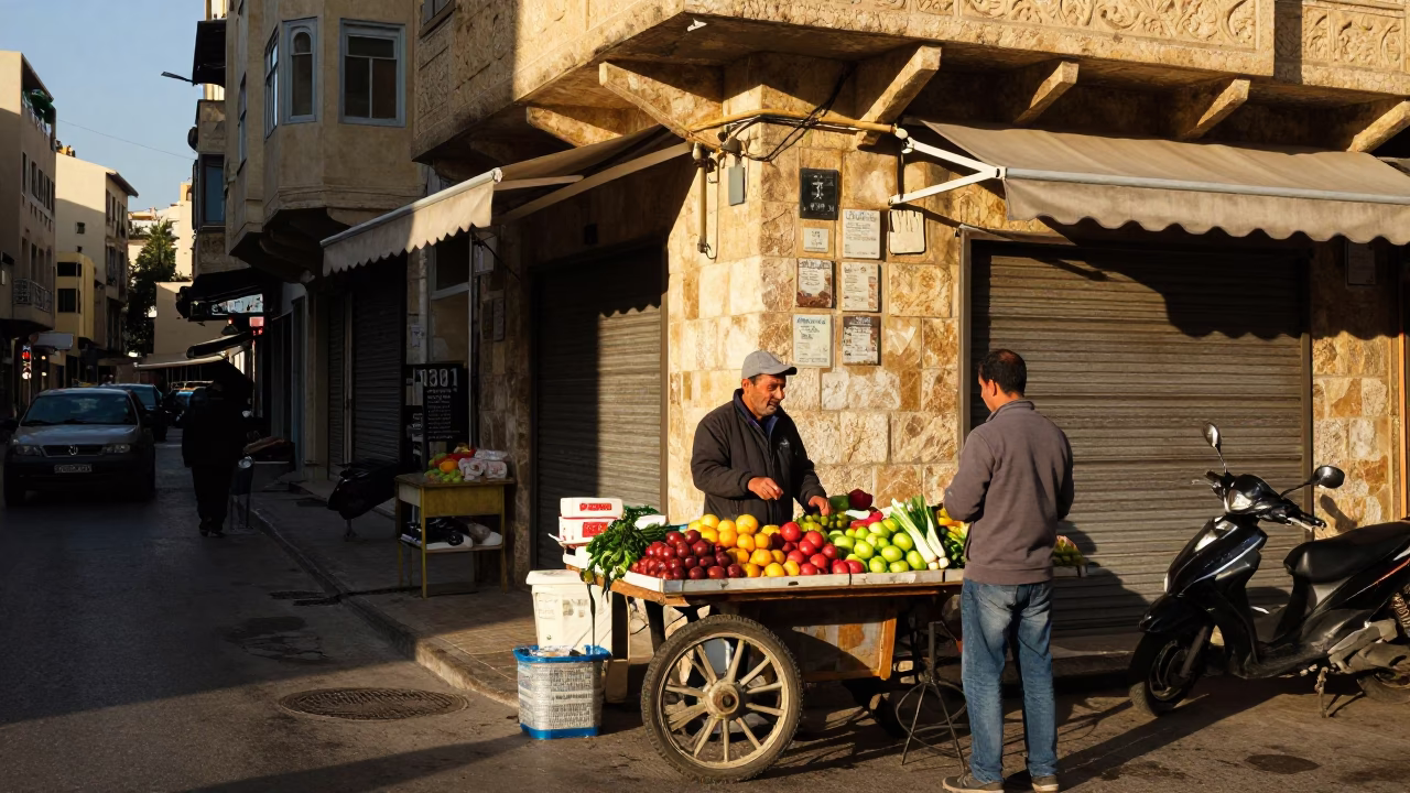 Busy Beirut Street Scene Late Afternoon Light with Local Vendor and Watering Bottle in in Beirut, Lebanon