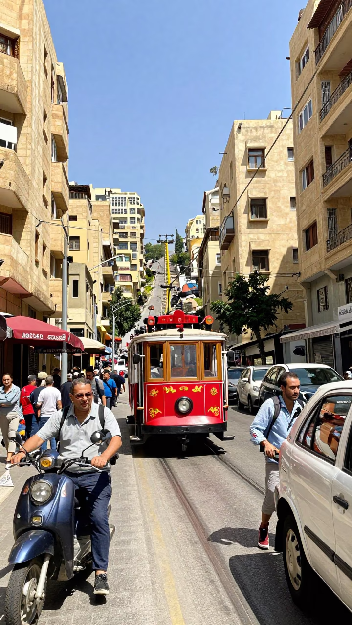 Busy Beirut Street Scene Midday with Cable Car and Urban Life in in Beirut, Lebanon