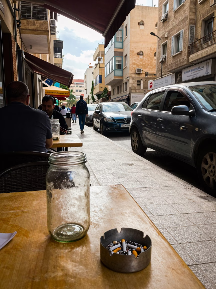 Busy Beirut Street Scene Midmorning Light with Glass Jar and Ashtray in in Beirut, Lebanon
