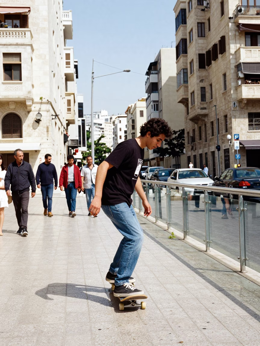Busy Beirut Street Scene with Skateboard and Glass Railing in Bright Midmorning Light in in Beirut, Lebanon