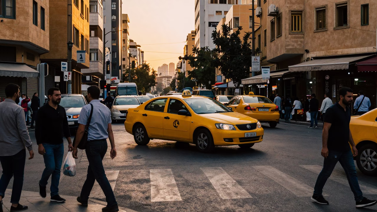 Busy Beirut Sunset Street Scene with Yellow Taxi and Local Pedestrians in in Beirut, Lebanon