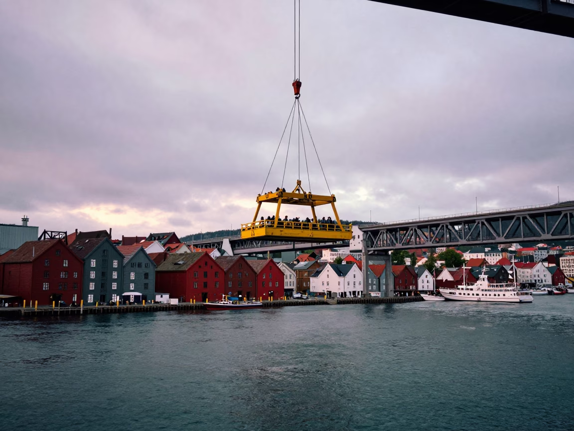 Busy Bergen Harbor at Nautical Dawn with Bridge Maintenance Cradle and Local Maritime Activity in in Bergen, Norway