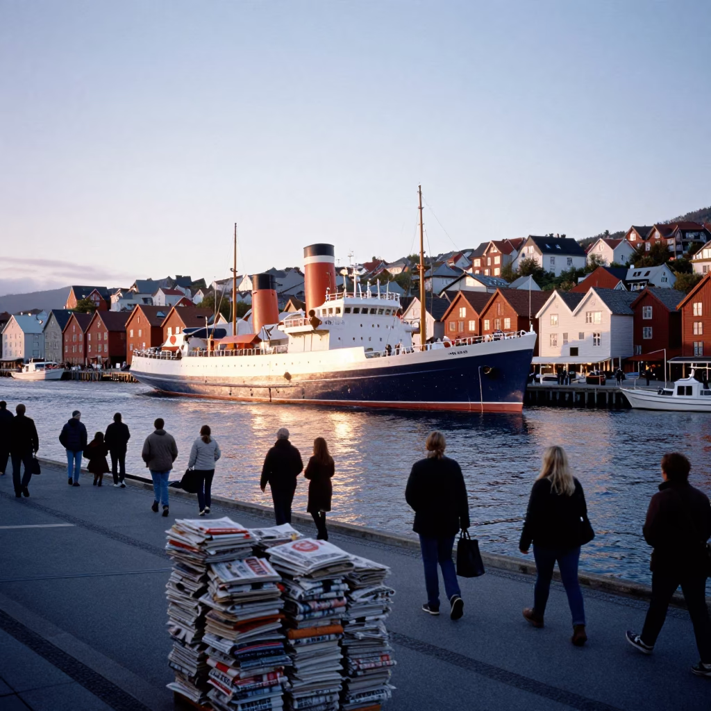 Busy Bergen Harbor Evening with Steamship and Newspaper Stack in in Bergen, Norway