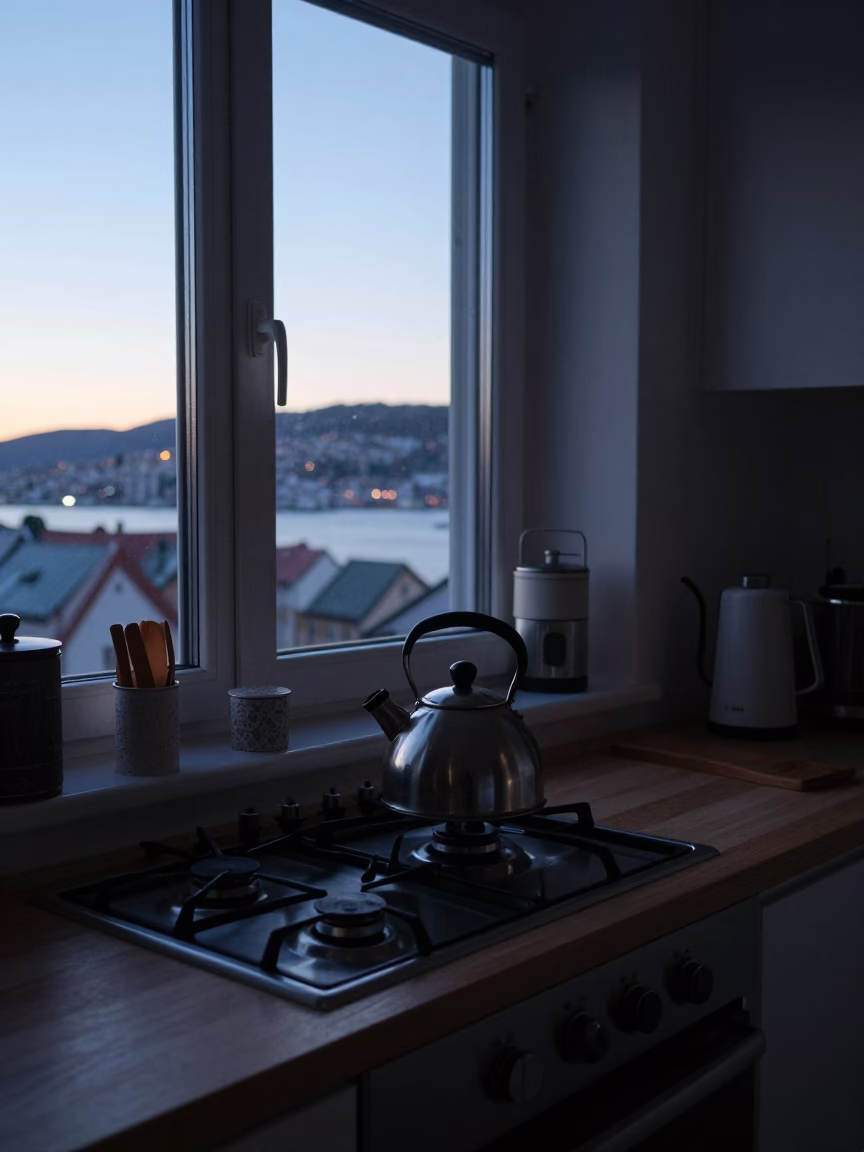 Busy Bergen Kitchen Before Sunrise with Stovetop Kettle and Houseplants in in Bergen, Norway