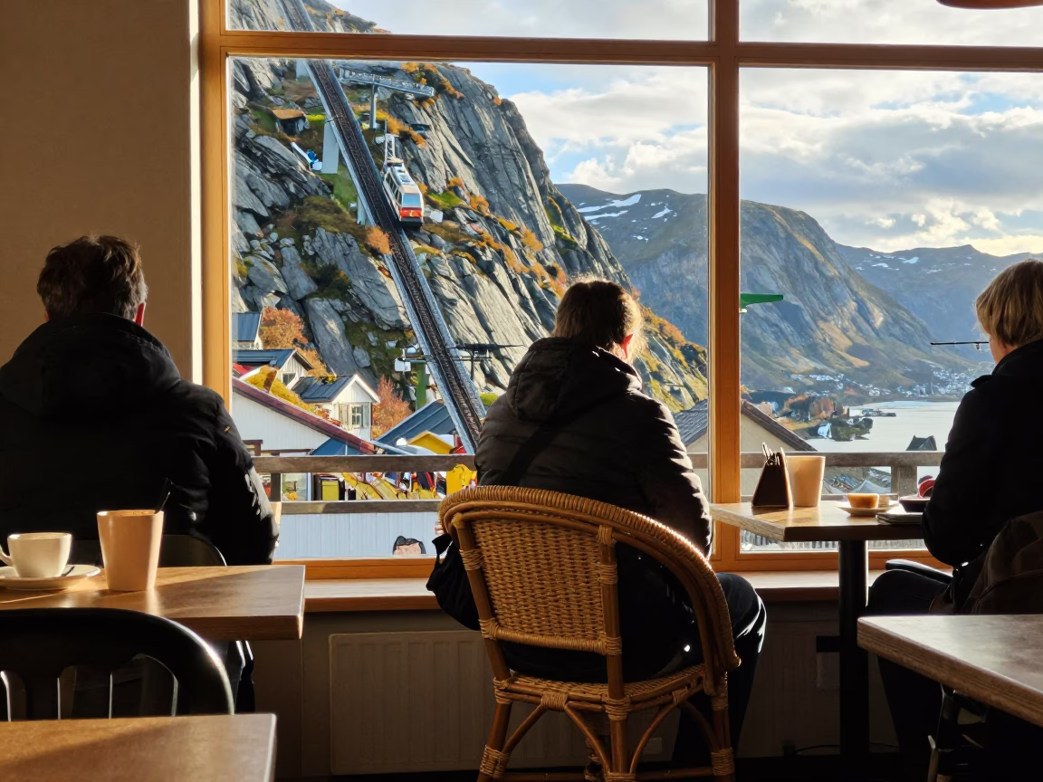Busy Bergen Norway Cafe Interior with Rattan Chair and Mountain Railway View in in Bergen, Norway