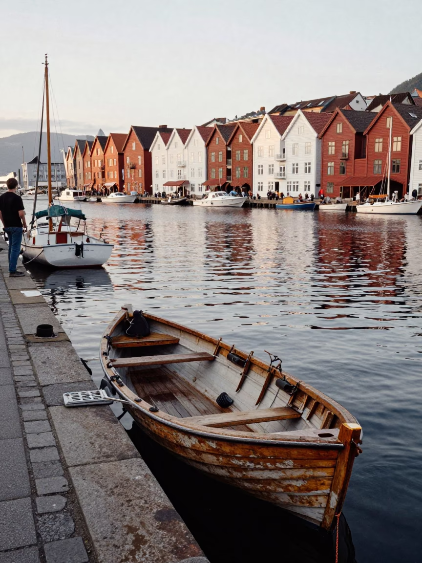 Busy Bergen Norway Early Afternoon Harbor Scene with Rowboat and Supply Helicopter in in Bergen, Norway