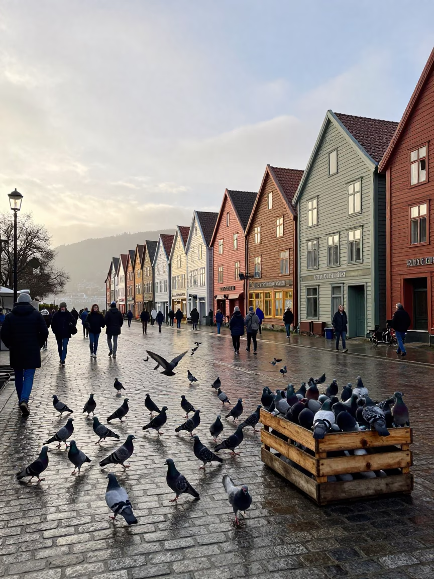 Busy Bergen Norway Early Morning Street Scene with Pigeons and Local Market Activity in in Bergen, Norway