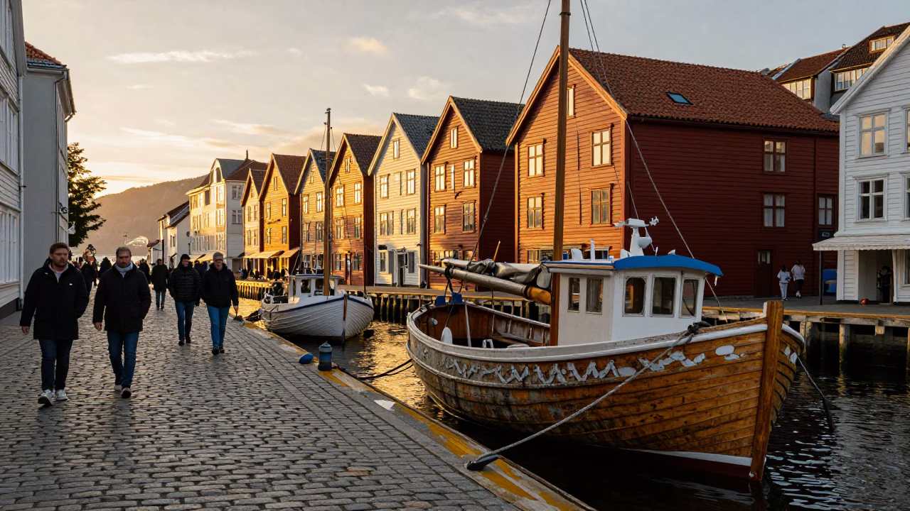 Busy Bergen Norway Evening Street Scene with Wooden Boat and Local Life in in Bergen, Norway