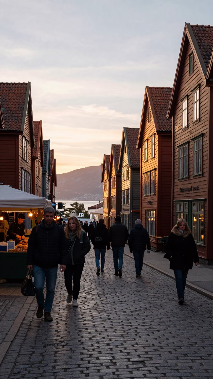 Busy Bergen Norway Golden Hour Street Scene with Local Market Activity in in Bergen, Norway