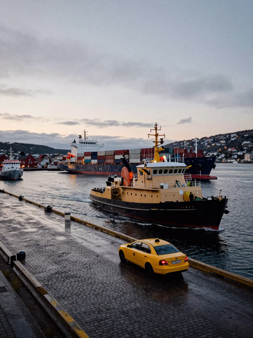 Busy Bergen Norway Harbor Dawn with Pilot Boat and Yellow Taxi Rain in in Bergen, Norway