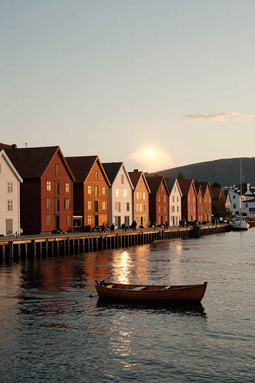 Busy Bergen Norway Harbor Scene at Sunset with Traditional Wooden Rowboat and Fishermen in in Bergen, Norway