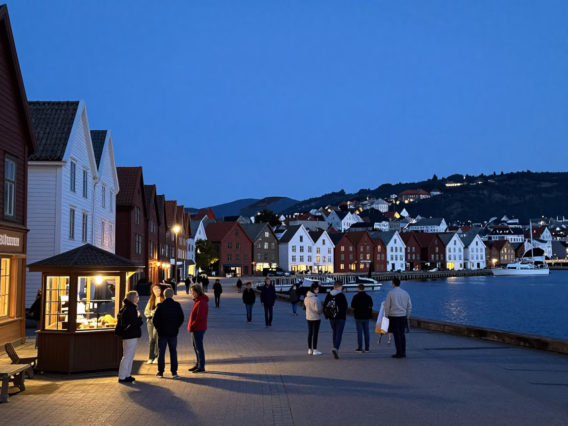 Busy Bergen Norway Harbor Twilight Street Scene with Locals and Traditional Architecture in in Bergen, Norway