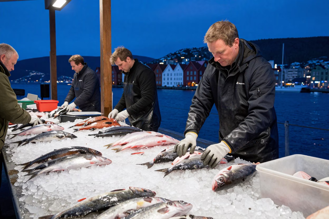 Busy Bergen Norway Indigo Twilight Fish Market Fishmonger Arranging Catch on Ice in in Bergen, Norway