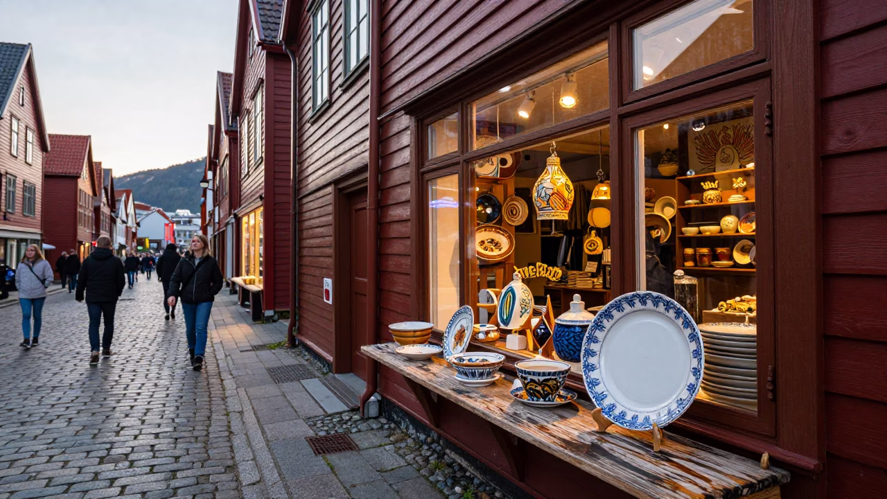 Busy Bergen Norway Late Afternoon Street Scene with Colorful Shop Displays and Local Interaction in in Bergen, Norway