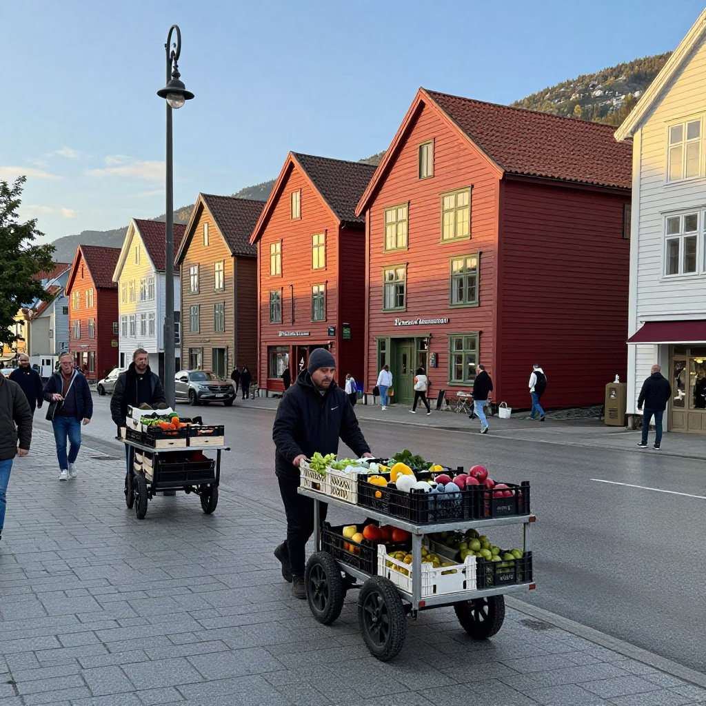 Busy Bergen Norway Late Afternoon Street Scene with Rolling Carts and Peony Bush in in Bergen, Norway