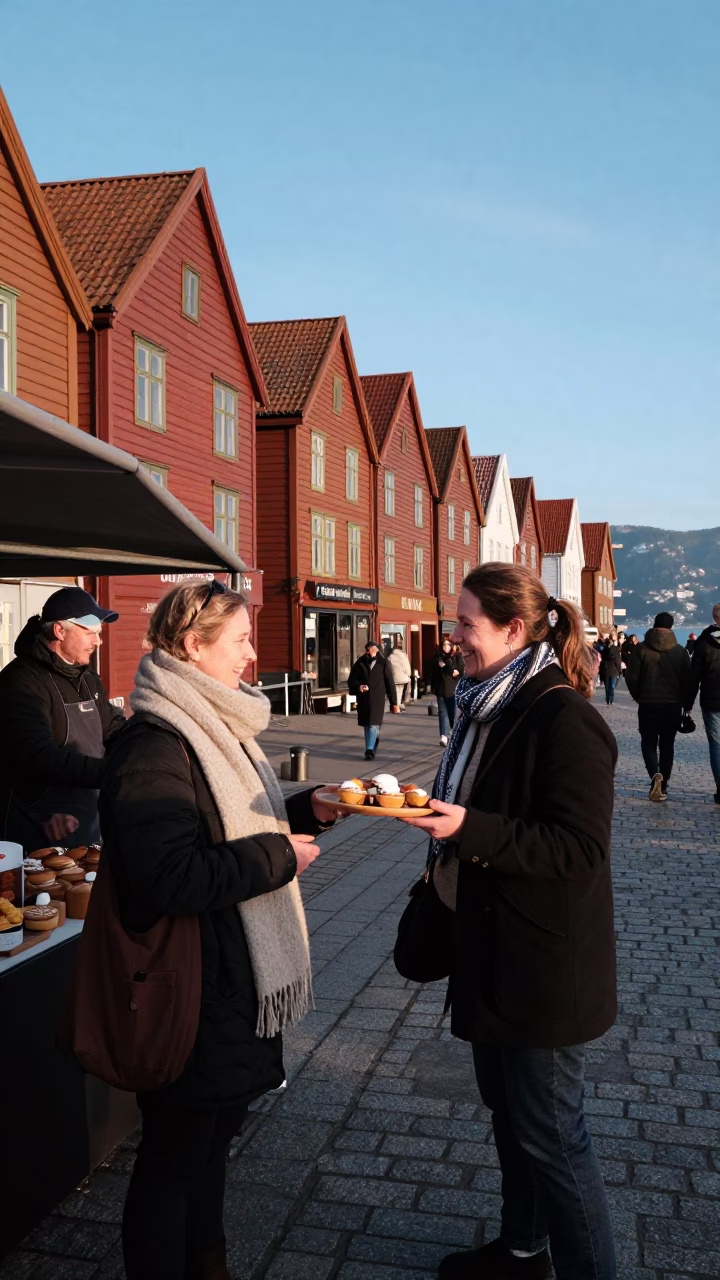 Busy Bergen Norway Late Afternoon Street Scene with Traditional Rye Bread and Local Life in in Bergen, Norway
