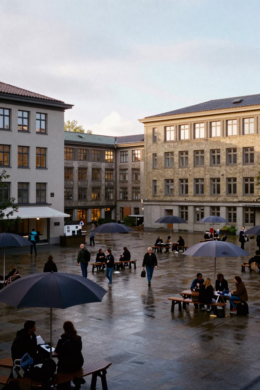 Busy Bergen Norway Late Morning University Courtyard Scene with Umbrellas and Seminar Blocks in in Bergen, Norway