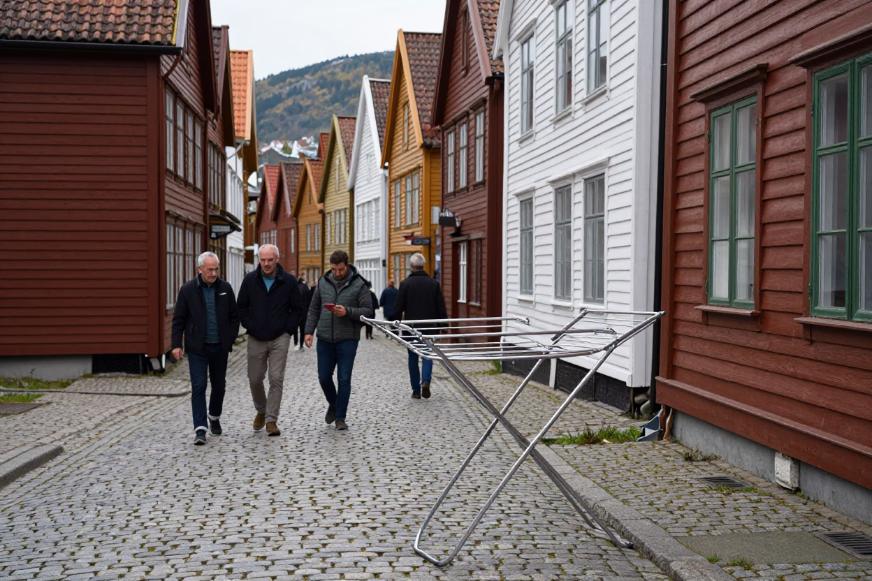 Busy Bergen Norway Midday Street Scene with Drying Rack and Local Life in in Bergen, Norway