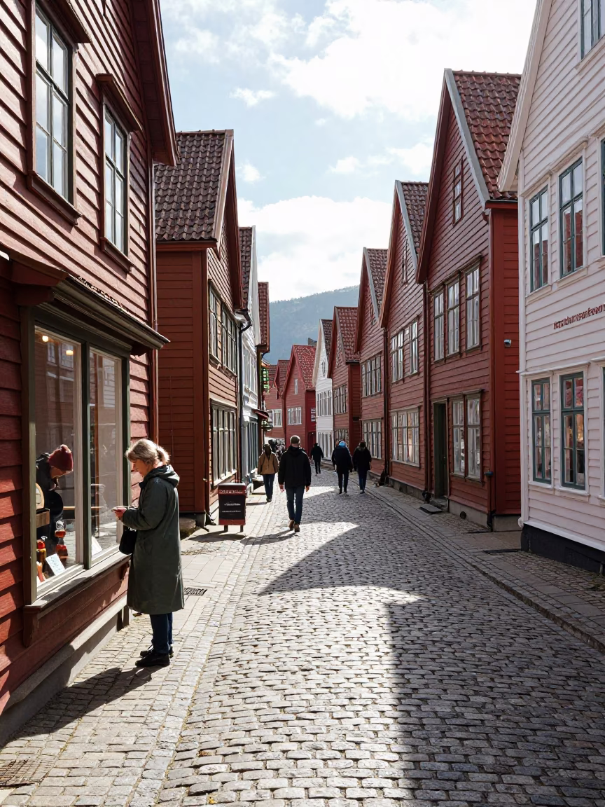 Busy Bergen Norway Midmorning Street Scene with Local Life and Urban Details in in Bergen, Norway