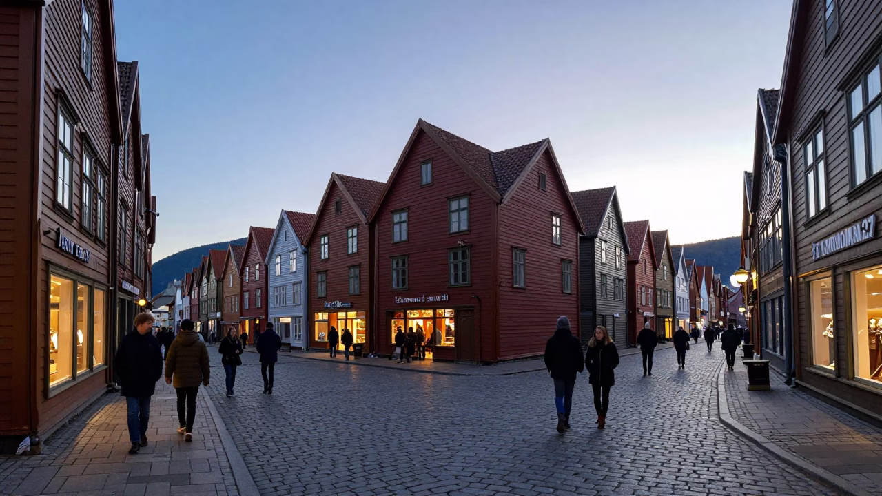 Busy Bergen Norway Morning Market Street Scene Before Sunrise in in Bergen, Norway