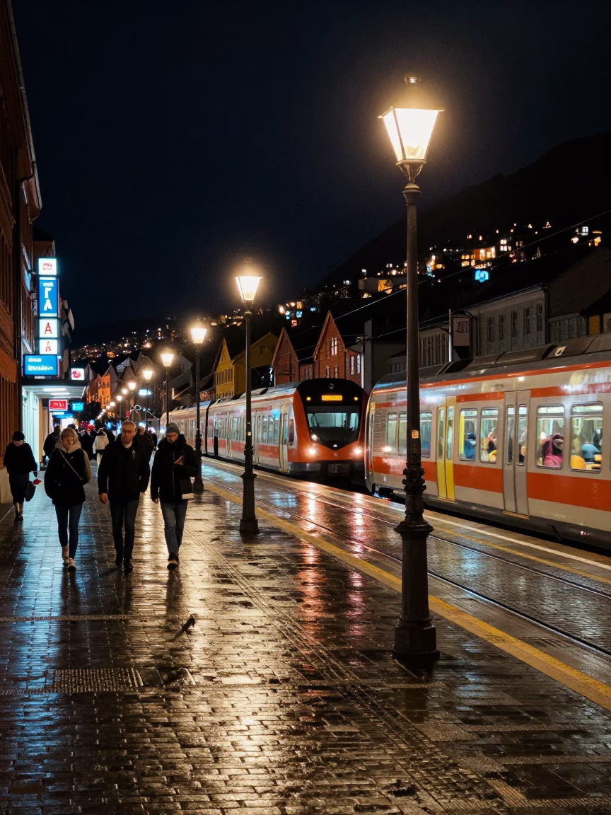 Busy Bergen Norway Night Street Scene with Commuter Train and Traditional Architecture in in Bergen, Norway