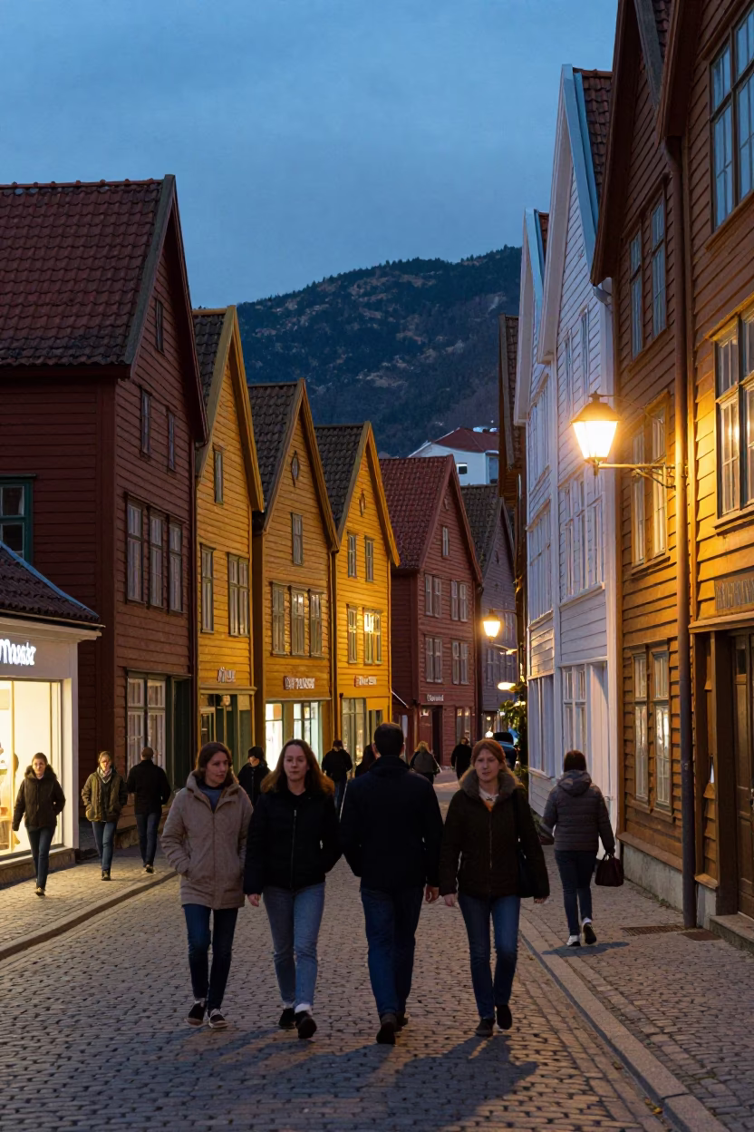 Busy Bergen Norway Street Scene at Blue Hour with Vintage 1970s Atmosphere in in Bergen, Norway