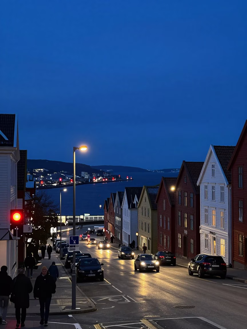 Busy Bergen Norway Street Scene at Predawn with Warning Beacons and Coastal Breakwater in in Bergen, Norway