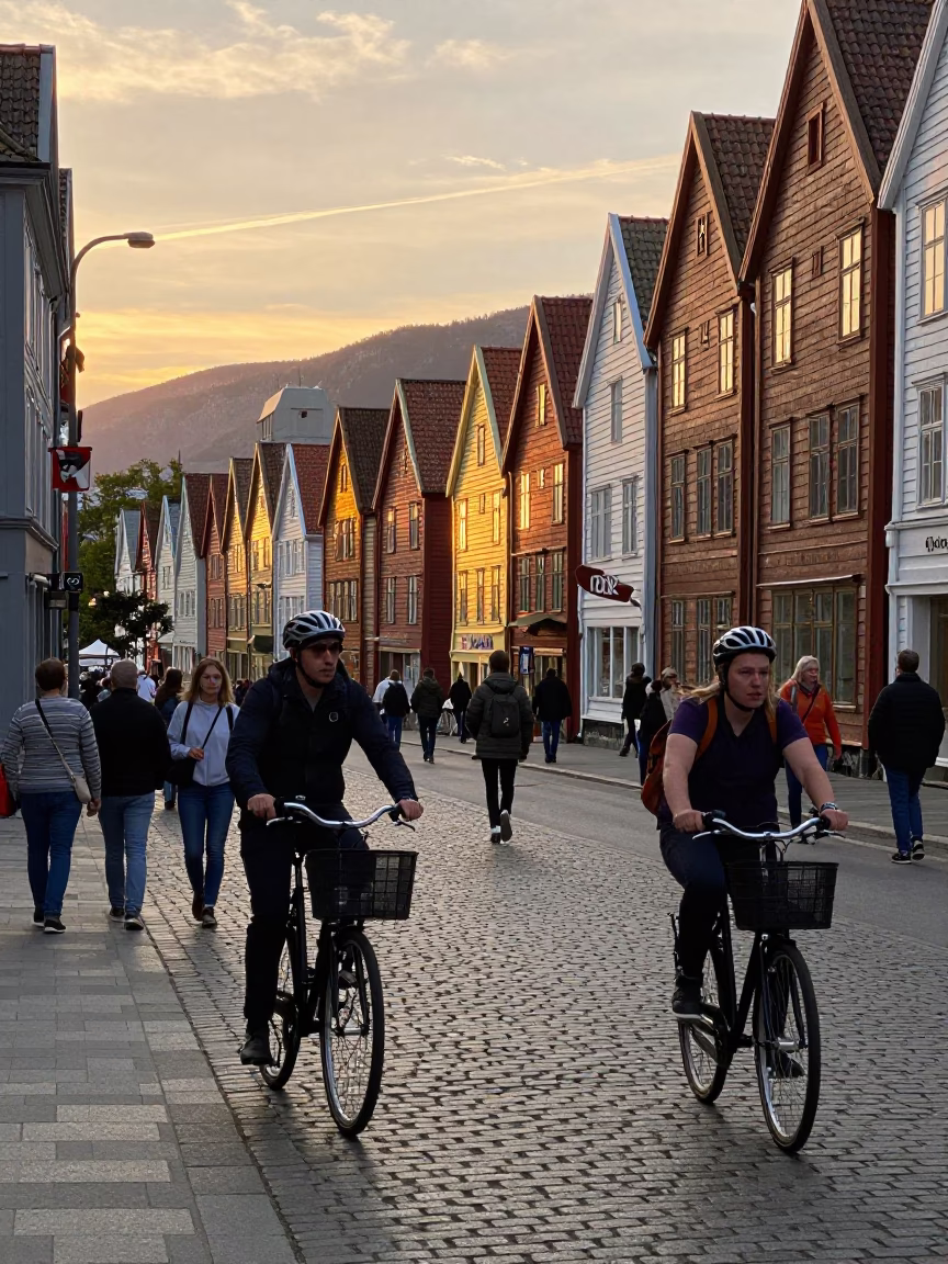 Busy Bergen Norway Street Scene at Sunset with Bicycle and Local Life in in Bergen, Norway