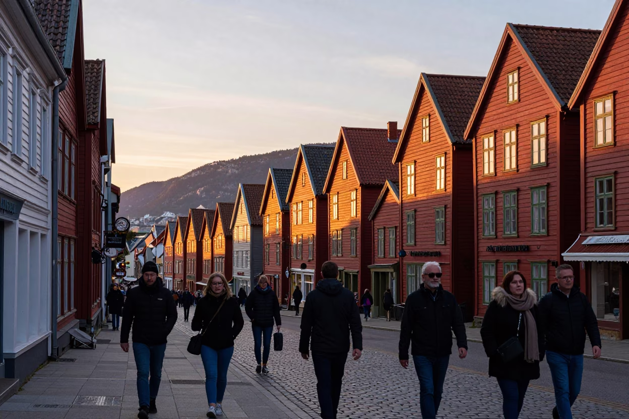 Busy Bergen Norway Street Scene at Sunset with Local Pedestrians and Cobblestone Details in in Bergen, Norway