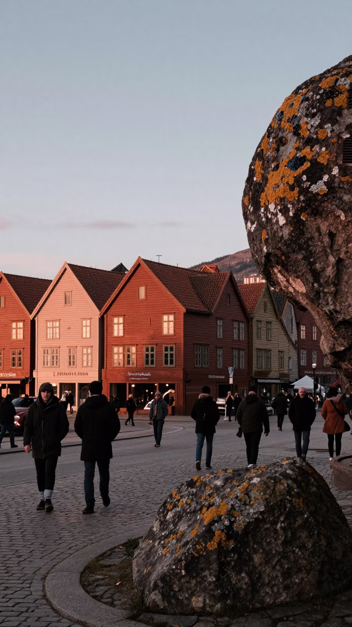 Busy Bergen Norway Street Scene Before Dusk with Lichen Boulder and Local Activity in in Bergen, Norway