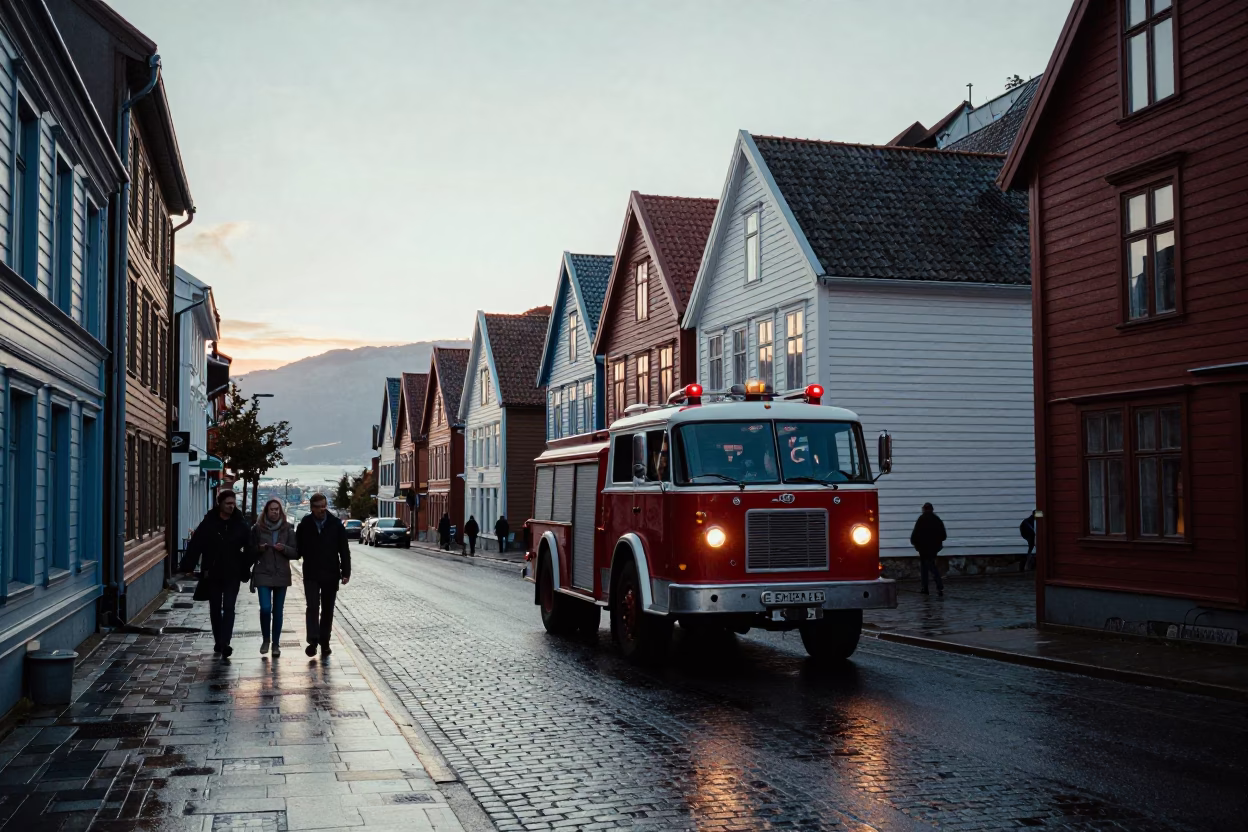 Busy Bergen Norway Street Scene Before Sunrise with Vintage 1970s Atmosphere in in Bergen, Norway