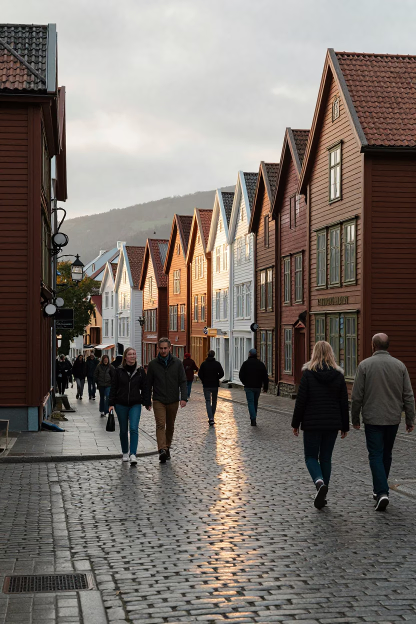 Busy Bergen Norway Street Scene Early Afternoon with Vintage 1950s Architecture and Local Life in in Bergen, Norway