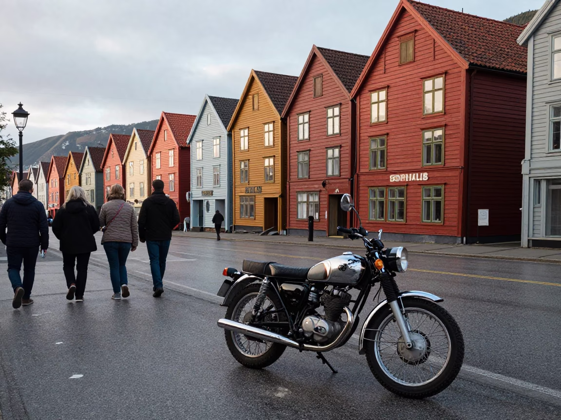 Busy Bergen Norway Street Scene Early Afternoon with Vintage Motorcycle and Local Market Activity in in Bergen, Norway