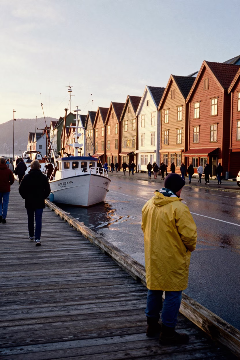 Busy Bergen Norway Street Scene Golden Hour Fishing Boat Surf and Local Life in in Bergen, Norway