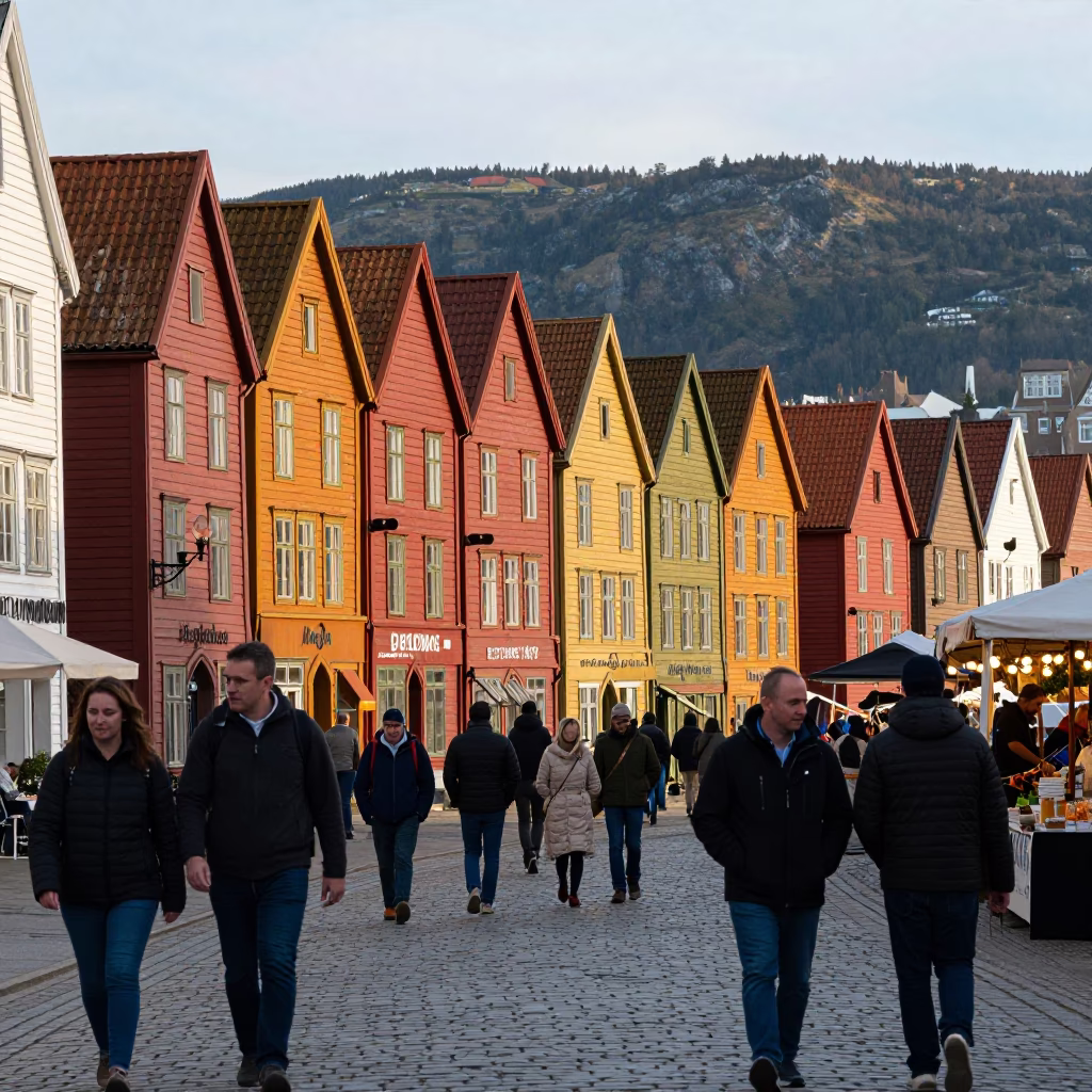 Busy Bergen Norway Street Scene Late Afternoon with Local Market Activity in in Bergen, Norway