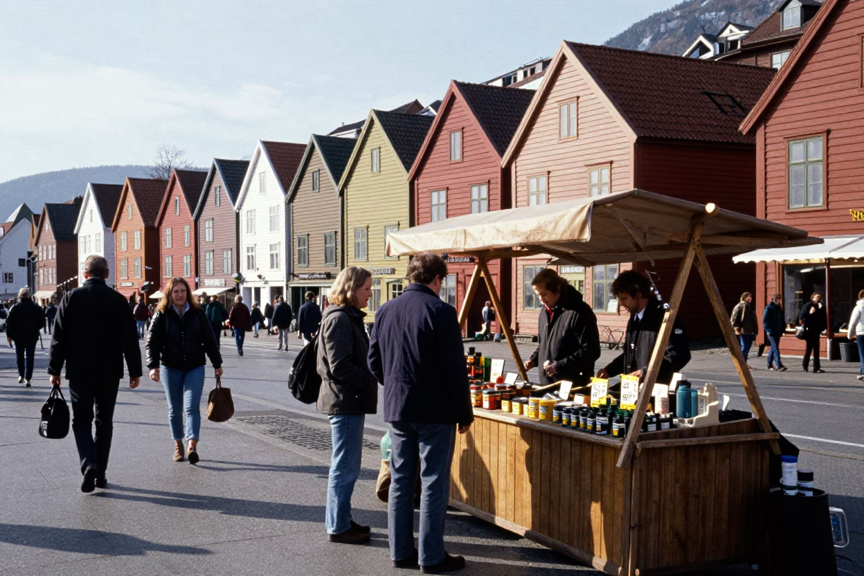 Busy Bergen Norway Street Scene Midmorning Light with Local Market Activity in in Bergen, Norway