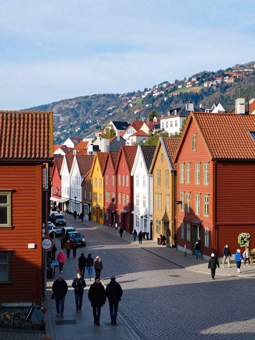 Busy Bergen Norway Street Scene Midmorning with Colorful Houses and Local Life in in Bergen, Norway