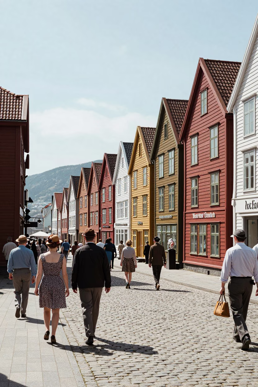 Busy Bergen Norway Street Scene Noon Light Vintage 1960s Color Photography in in Bergen, Norway