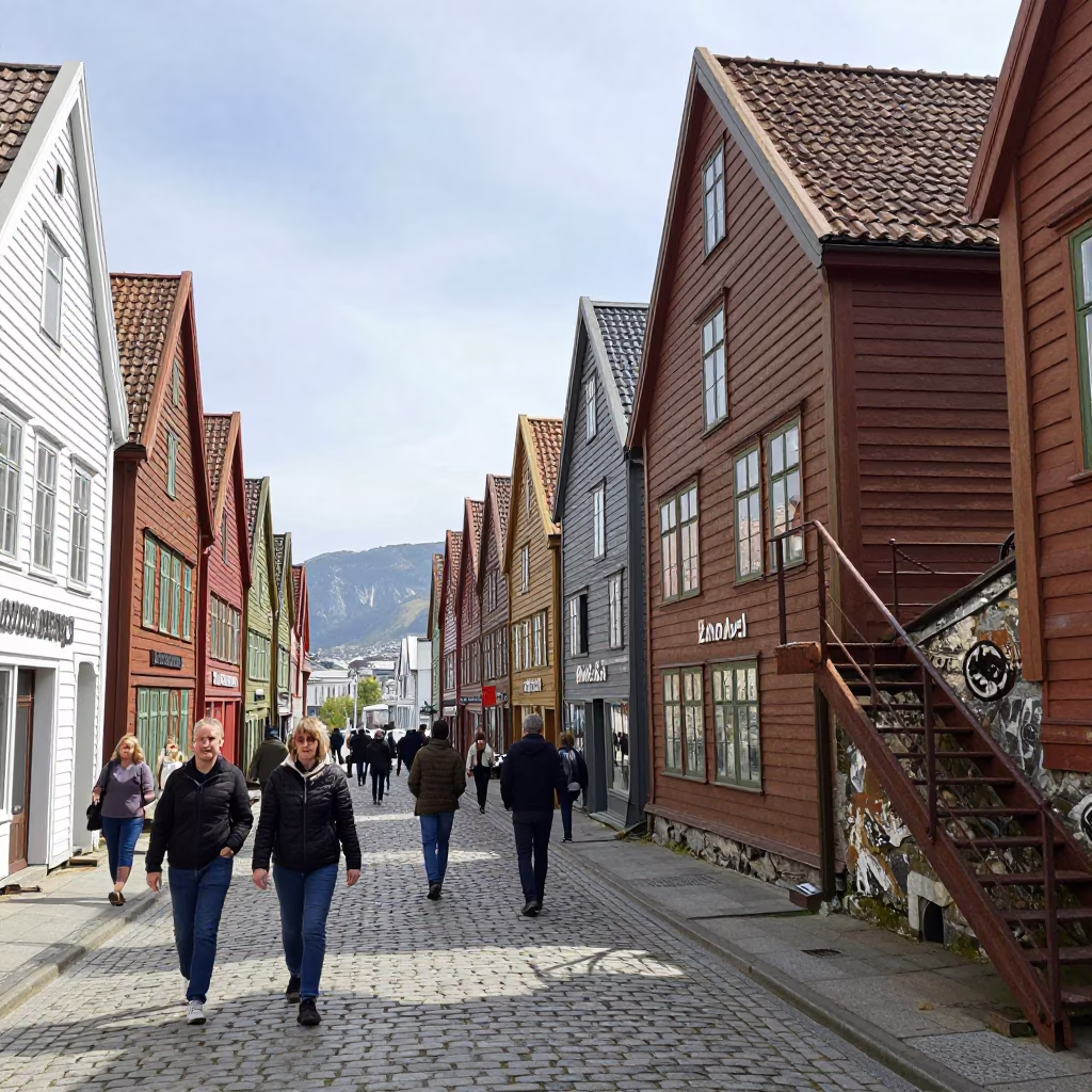 Busy Bergen Norway Street Scene Under Flat Noon Light With Stair Rail And Rowboat in in Bergen, Norway