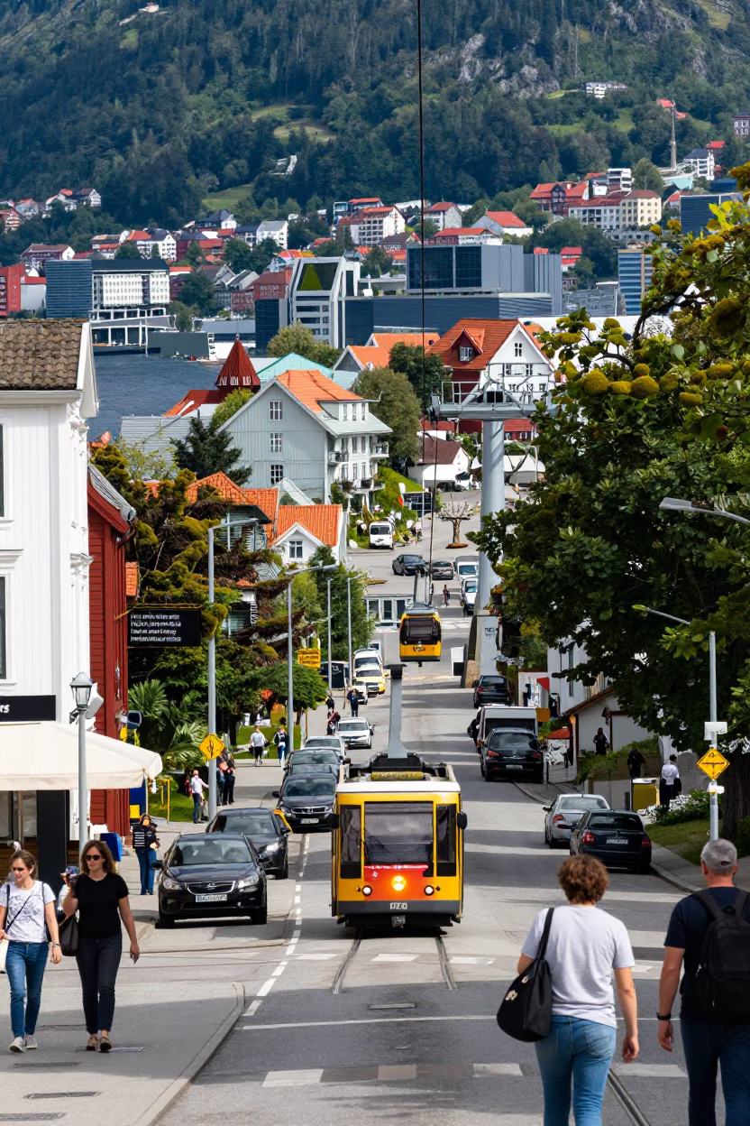 Busy Bergen Street Scene with Cable Car and Mossy Stone Walls under Noon Light in in Bergen, Norway